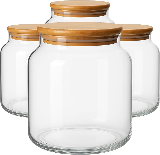 kitchentoolz 1/2 Gallon Mason Jar - Borosilicate Half Gallon Mason Jars Large - 64oz Wide Mouth Big Storage with Wooden Lid - Half Gallon Glass Jar - 4 Pack