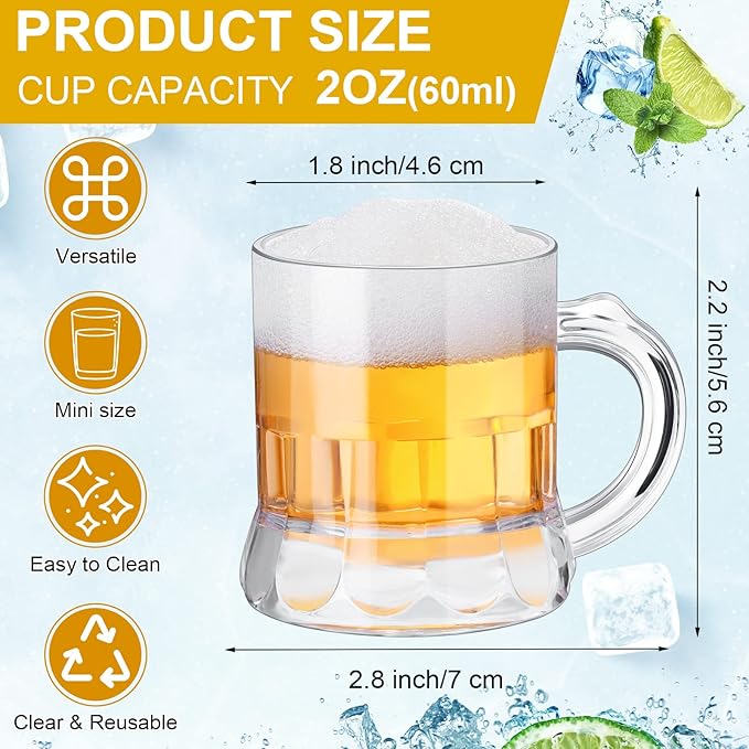Yinder 50 Pieces 2 oz Mini Beer Mug,Plastic Mini Shot Glasses, Heavy Base Clear Reusable Beer Stein Tasting Glasses,Small Plastic Shot Cups for Party Drink, Whiskey, Tequila, Vodka