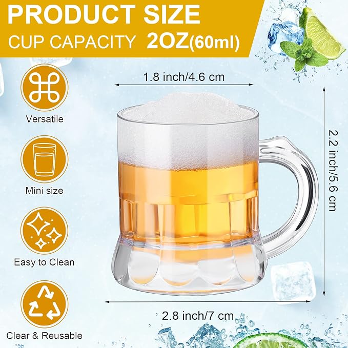 Yinder 100 Pieces 2 oz Mini Beer Mug,Plastic Mini Shot Glasses, Heavy Base Clear Reusable Beer Stein Tasting Glasses,Small Plastic Shot Cups for Party Drink, Whiskey, Tequila, Vodka