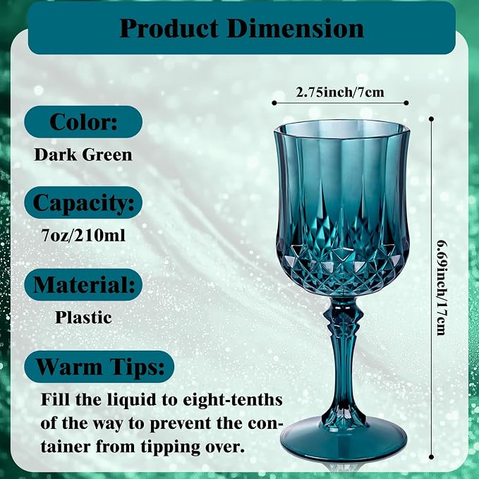 Ciaell 24PCS Green Plastic Wine Glasses - 7 Oz Plastic Goblets for Party - Green Vintage Drinking Glasses - Disposable Water Goblets Set for Wedding, Bar, Wine, Beer, Juice, Cocktail