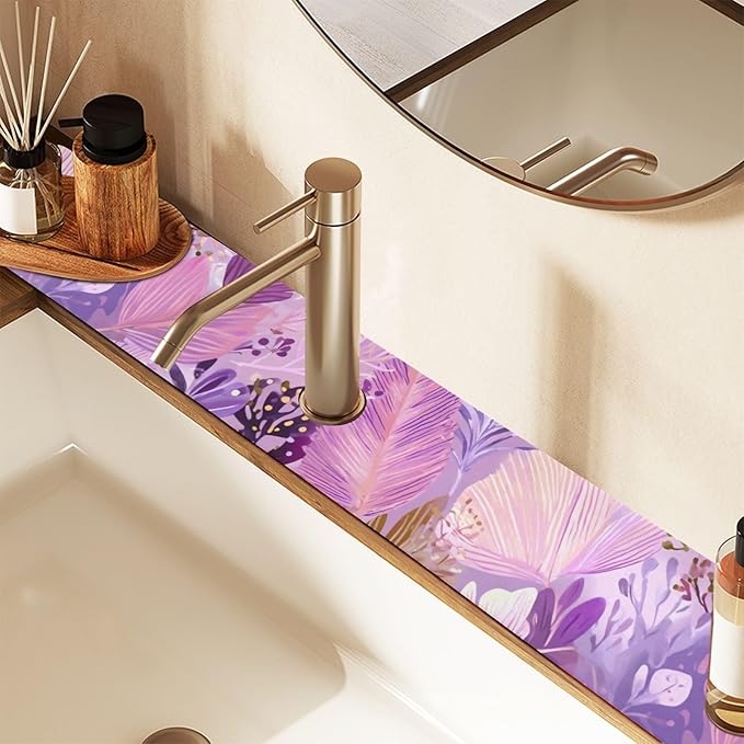 Kitchen Sink Splash Guard 2 PCS 30 Inch Sink Faucet Mat Splash Guard for Bathroom Countertop Water Absorbent Foldable Cuttable Soft Washable Boho Pink Leaf