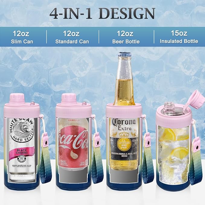 MAXSO Sealed Can Cooler Fizz Lid Can Cover for 12 oz Regular, Slim Skinny Cans & As Thermal Bottle, 4-in-1 Insulated Vacuum Stainless Steel Carbonated Cold Drink Holder - Gradient
