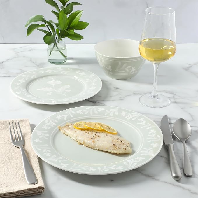 Martha Stewart Dinnerware Set - Maiden Crown 12-Piece Dish Set, Sage Green – New Bone China Ceramic Plates & Bowls – Floral Design – Service for 4 – Microwave & Dishwasher Safe
