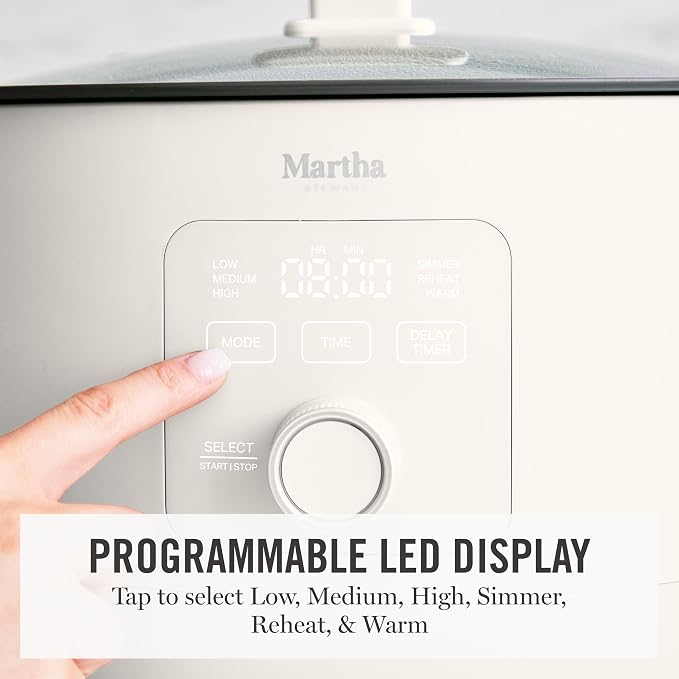Martha Stewart 8 QT Slow Cooker, Programmable with Timer, 3 Heat Settings (Low, High, Warm), Nonstick Ceramic Removable Crock, Stovetop & Oven Safe, Glass Lid, Simmer, Reheat, Warm, Linen