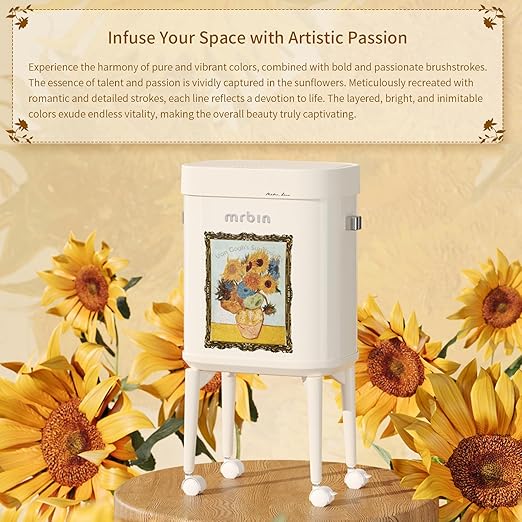 MRBIN Metal Motion Sensor Kitchen Trash Can with Wheel Legs, 15L / 4gal Metal Slim Trash Can, Pet Proof Tall Narrow Garbage Pail for Vanity, Bedroom, Bathroom, Living Room, Sunflower