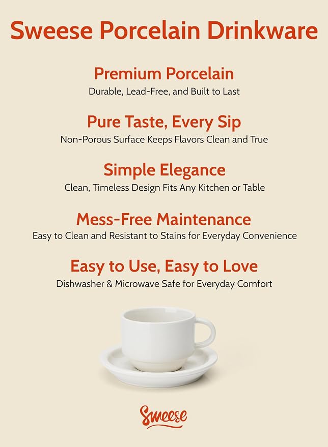 Sweese Porcelain Espresso Cups Set, 4 oz Stackable Cups with Saucers Metal Stand, Set of 4, White