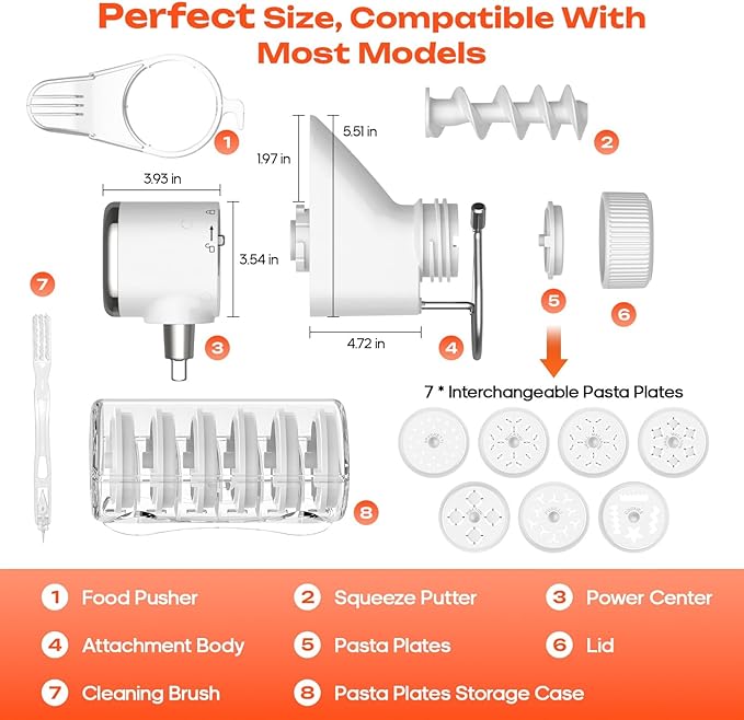 Gourmet Pasta Press Attachment for KitchenAid Stand Mixers, Pasta Maker Kitchenaid Attachment With 7 Interchangeable Pasta Plates, For Kitchen aid Pasta Attachment