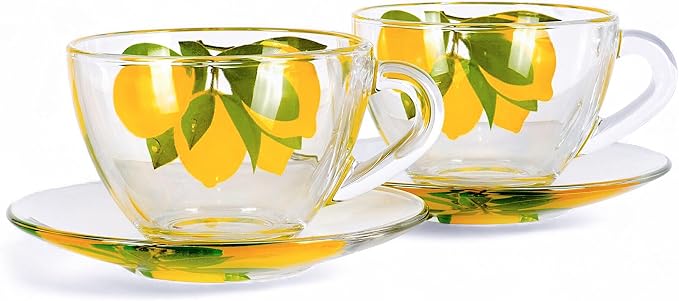 STP GOODS Glass Tea Cup and Saucer Set of 2 Glass Teacups 6.8 fl oz (200 ml) Cups with Matching Saucers for Two, Tea Coffee Set for 2, Coffee Cups, Dishwasher and Microwave safe (Lemons)