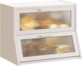 GHWIE Double Layer Bamboo Bread Box for Kitchen Counter,Large Capacity Bread Storage Bin,Bread Container with Acrylic Wavy Door Panel (White, Medium)