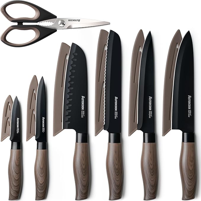 Astercook Non Stick Pots and Pans Set Healthy Non-Toxic Titanium Induction Kitchen Cookware Sets and Astercook 13-Piece Kitchen Knife Set with Black Anti-Rust Coating Stainless Steel Chef Knives Set
