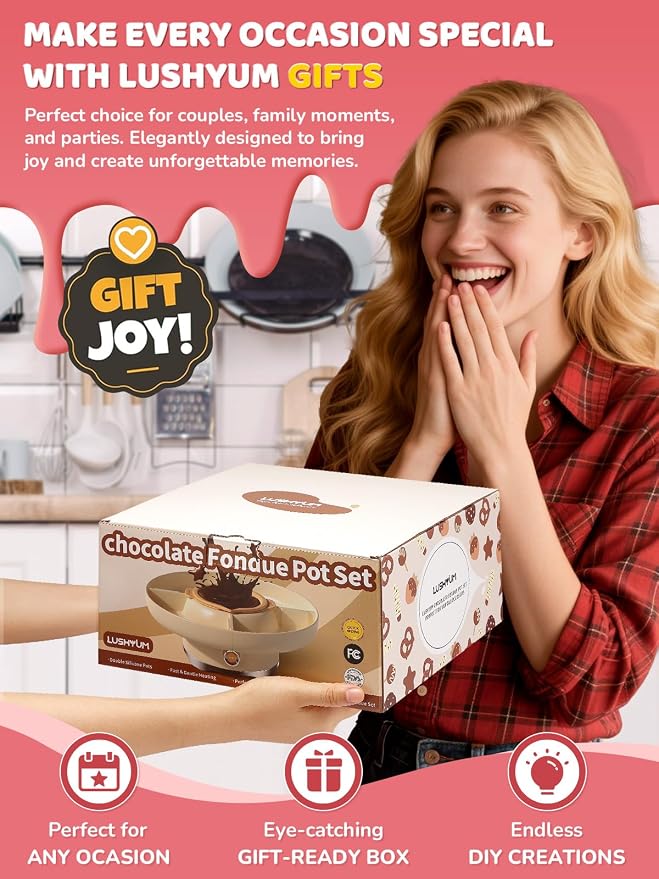 LUSHYUM Electric Chocolate Fondue Set, 4-Cup Chocolate, Rotating Tray | Melt & Warm Modes, Dual Silicone Inserts, 6 Color-Coded Forks, Easy-Clean, Ideal for Candy Melts, Couple Family, Date Night