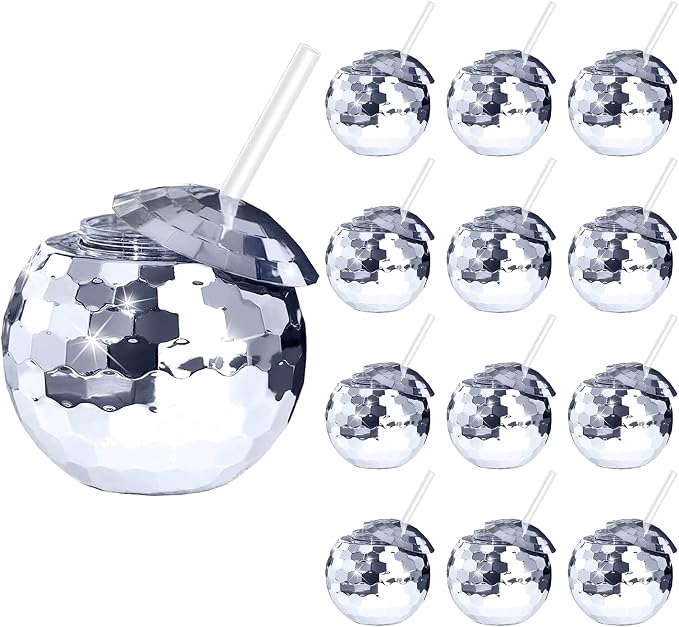 Disco Ball Cups, 20OZ Disco Party Cups with Lid and Reusable Straw Flash Ball Cocktail Cup for Party Nightclub Bar Supplies Wine Drinking Syrup Tea Bottle (12, Sliver)