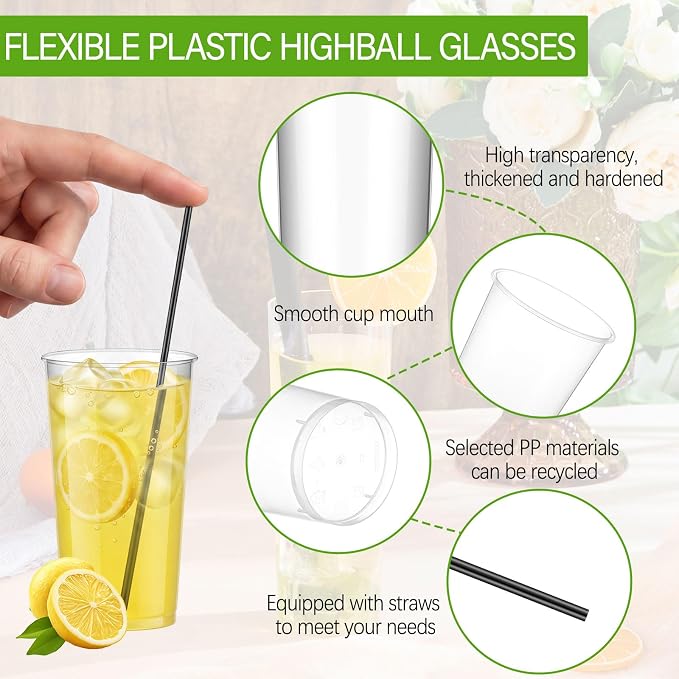 Plastic Highball Glasses with Straws(set of 48), 12 oz Shatterproof Drinking Cups, Tall Whiskey Collins Glass with Straws, Smoothie Tumbler Mojito Cocktail Cups for Wedding Fall Xmas Party