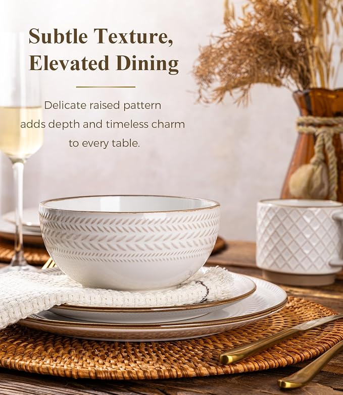 GBHOME Dinnerware Sets for 4, Farmhouse Style Stoneware Plates and Bowls Sets, 12 Pieces Embossed Scratch Resistant Dishes, Dishwasher & Microwave Safe, White