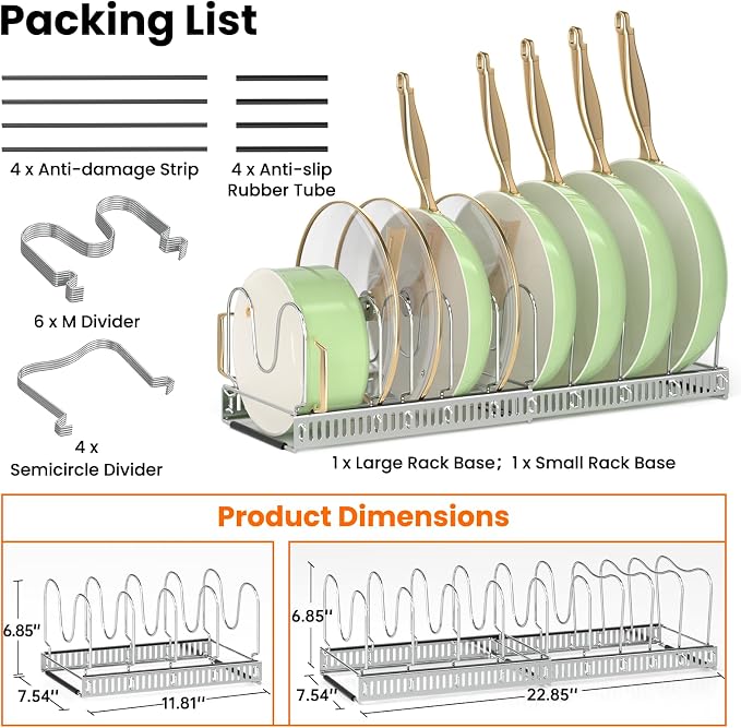 MUDEELA Pots and Pans Organizer Rack for under Cabinet, Expandable Pot Lid Kitchen Cabinet Organizer Holder with 10 Adjustable Compartment Cutting Board Organizer for Pan Lid Cookie Sheet Rack, Silver