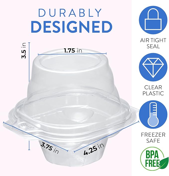 Individual Cupcake Containers (100 Pack) | Clear Plastic Disposable Cupcake Boxes/Holders | Single Cupcake Holder with Dome Lid Bulk | BPA-Free Plastic Cupcake Muffin Container Carrier Boxes to Go