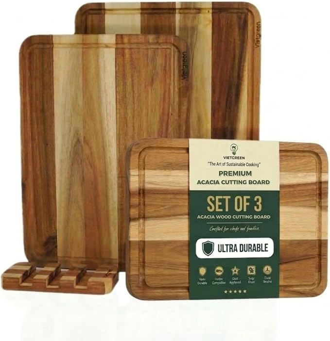 Acacia Wood Cutting Board Set of 3 with Stand (16"x12", 14"x10", 12"x8"), Edge Grain Charcuterie & Serving Boards with Juice Grooves & Handles