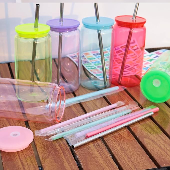 16oz Acrylic Mason Jars Cups, 20 Pack Can shaped Plastic Cups with Lids and Straws, Iced Coffee Cup Cute Drinking Glass Unbreakable Tumbler for Whiskey, Soda, Iced Tea, Colored