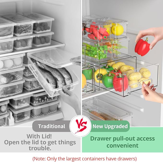 damynuo 14Pack Fridge Organizer Bins, Clear Refrigerator Organizing Containers with Lids and Refrigerator Drawers, Stackable Food, Vegetable and Fruit Containers for Fridge Organizers and Storage