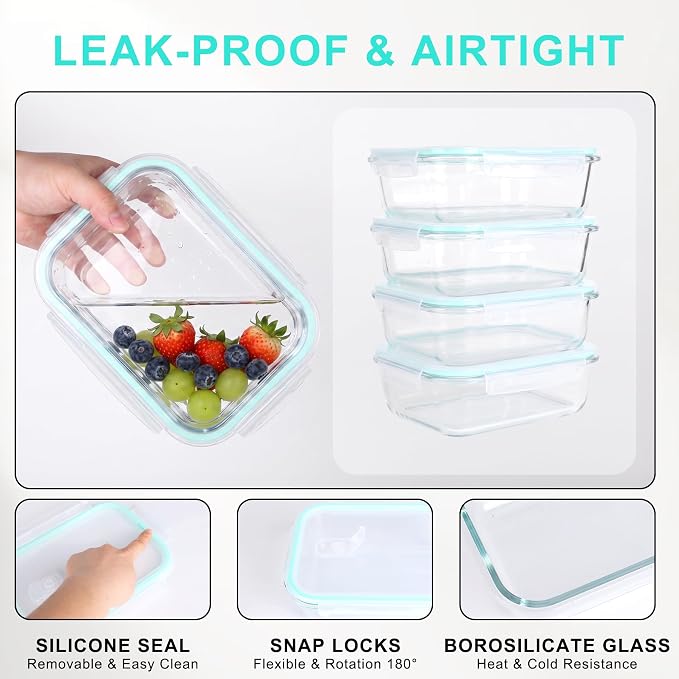 4 Pack 52oz Large Glass Food Storage Containers With Lids - Meal Prep Containers With Airtight Lid For Baking, Storing,Freezer, Dishwasher, Microwave And Oven Safe, Bpa Free（Teal）