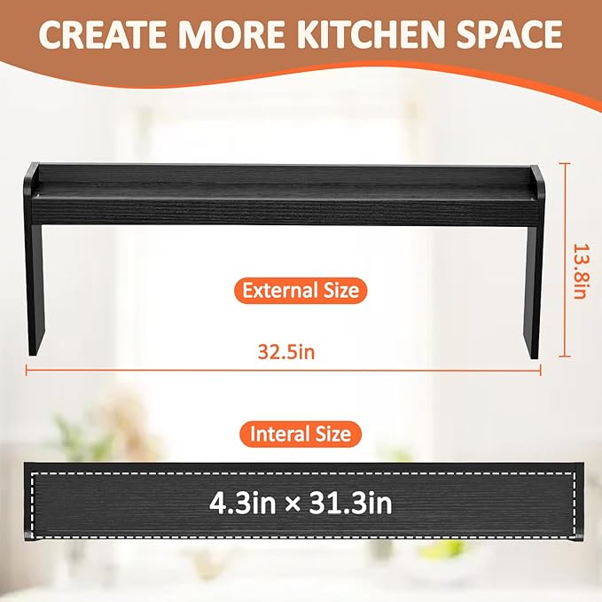31” Stove Top Shelf, Over the Stove Spice Rack, Wood Space Saving Seasoning Shelf, Kitchen Storage Stand, Kitchen Organization (Black)