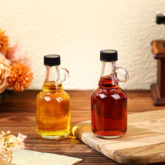 Blushtier 12 Packs 3.4 oz Glass Syrup Bottles with Handle and Black Lids, Mini Maple Syrup Bottles for Party & Wedding Favors Gifts, Honey, Coffee, Juice