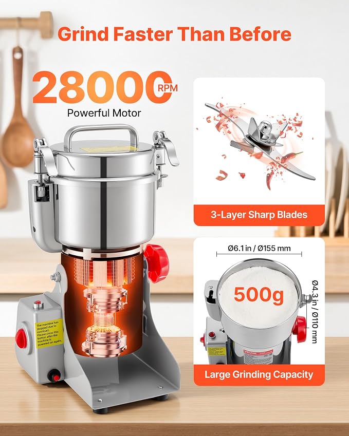 VEVOR 500g Electric Grain Mill Grinder, High Speed 2000W Commercial Spice Grinders, Stainless Steel Pulverizer Powder Machine, for Dry Grains Spices Cereals Coffee Corn Pepper, Swing Type