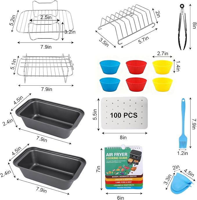 Air Fryer Accessories, 16pcs Set for Ninja DZ401 DZ201 Foodi Dualzone Air Fryers with 100pcs Air Fryer Liners, 2 Non-Stick Pans, Bread,Toasting,Skewer Racks, Food clip, 6 Cake Cups, 2 Mitts