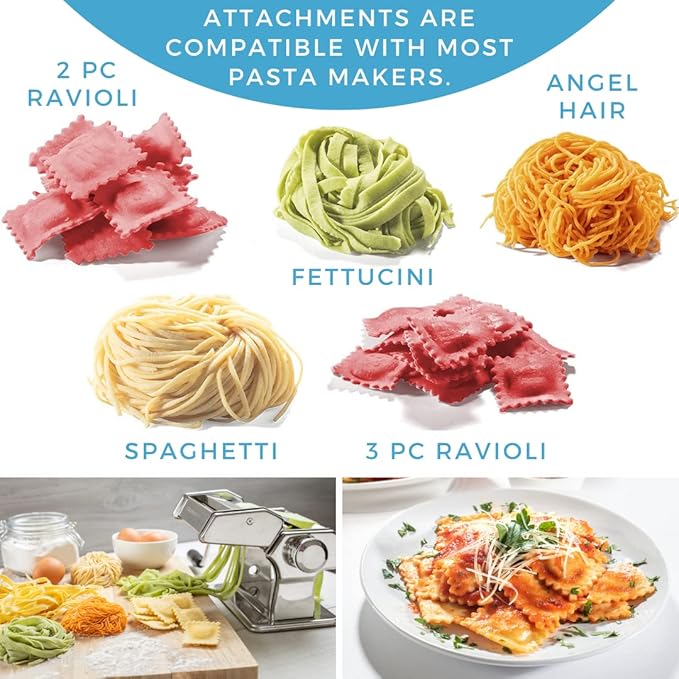 Ultimate Pasta Machine Attachment Set- Includes 5 Different Cutters for Homemade Spaghetti, Fettucini, Ravioli, Angel Hair- Durable & Compatible w CucinaPro & other Makers- Pasta Cooking Made Easy