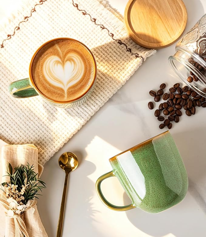 LERATIO Ceramic Coffee Mugs Set of 6,12oz Handmade Coffee Mugs Set with Large Handle for Cappuccino/Latte/Tea/Hot Cocoa, Dishwasher & Microwave Safe-Sage Meadow Green