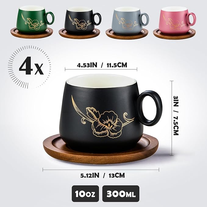 Yundu 10oz Cappuccino Cups & Wooden Saucers Set with Gold Floral Art, Latte Art Cup for Espresso, Coffee & Tea, Modern Matte Ceramic Tea Cup Set of 4