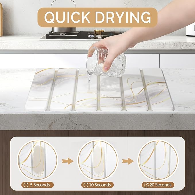 Large Stone Dish Drying Mat for Kitchen Counter, 2PCS Quick Dry Stone Dishes Mat,Foldable Water Absorbing Drying Organizer Pad for Plate Rack Bottles Utensils(Printed White Gold 16"x12" & 8“x4")