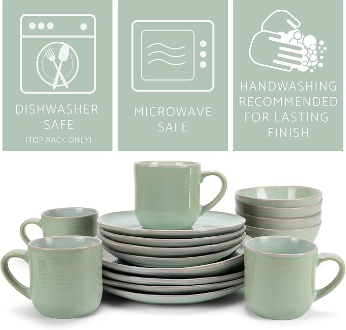 Elanze Designs Reactive Glaze Farmhouse Rustic Boho Ceramic Stoneware Dinnerware 16 Piece Plate Bowl Mug Dish Set - Service for 4, Seafoam Mint Green