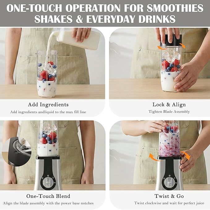 Blender and Food Processor Combo, Small Smoothie Blender with Grinder & Meat Chopper, 4-in-1 Kitchen System with 4 BPA-Free Cups (10-42oz), Perfect for Shakes, Baby Food, Dishwasher Safe, Ideal Gift