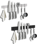 19 Inch Magnetic Knife Holder with Hooks, Strong Wall Mount Magnetic Knife Rack for Kitchen, Stainless Steel Knife Strip Organizer for Utensils, Spoons, Forks