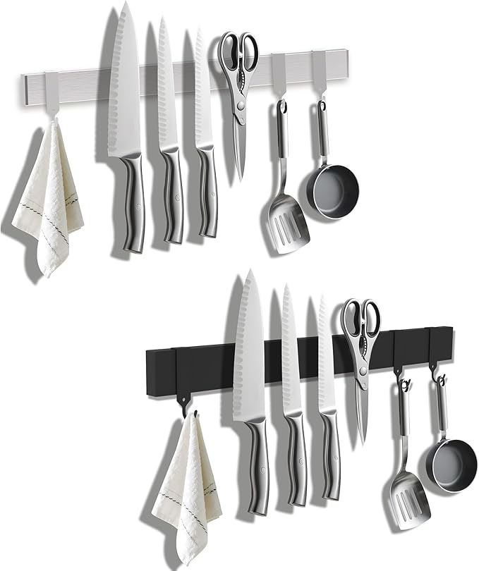 19 Inch Magnetic Knife Holder with Hooks, Strong Wall Mount Magnetic Knife Rack for Kitchen, Stainless Steel Knife Strip Organizer for Utensils, Spoons, Forks