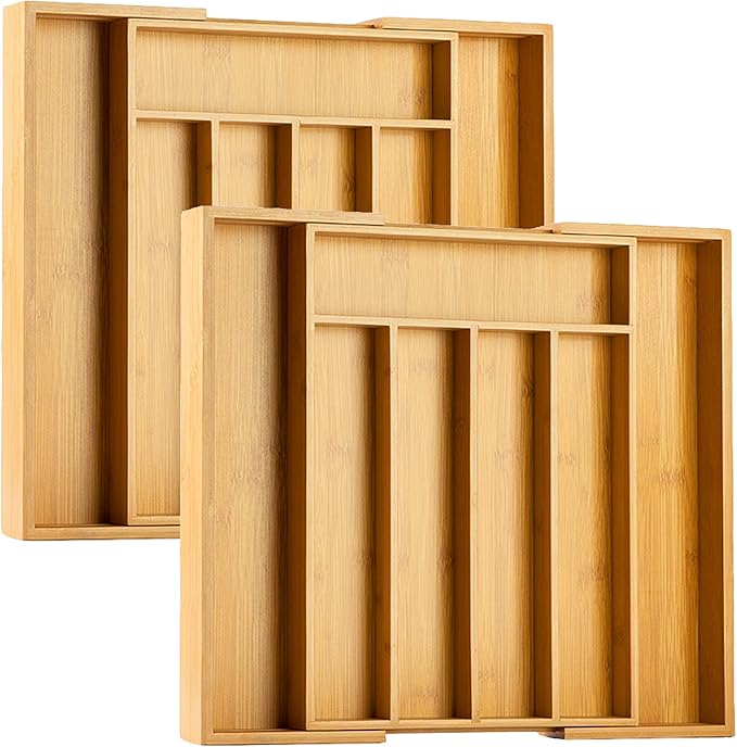 Bellsal Silverware Organizer 2 PIECE with grooves Kitchen Drawer Organizer Expandable Bamboo Utensil Holder Cutlery Tray for Kitchen Utensil and Flatware