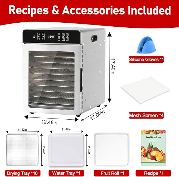 Commercial Food Dehydrator 10 Trays, 9.1ft² Large Capacity Food Dryer Machine for Jerky, 800W Food Dryer with 194°F Temp & 24H Time Control for Herbs, Fruit, Meat, Yogurt