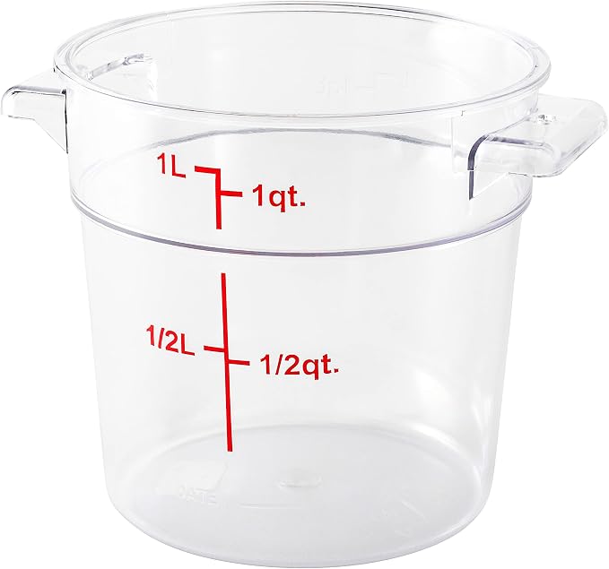 Restaurantware Met Lux 1 Quart Food Storage Container, 1 Round Commercial Storage Container - Lid Sold Separately, With Volume Markers, Clear Plastic Food Prep Bucket, Space-Saving Storage