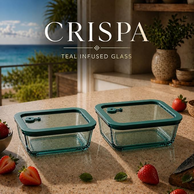 Crispa 8-Piece Teal Square Glass Food Storage Containers with Silicone Glass Lids – 100% Plastic-Free (2x 40oz, 2x 20oz) – Leakproof, Airtight, Freezer, Microwave and Dishwasher Safe