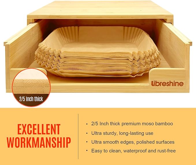 Libreshine Bamboo Kitchen Organizer - 6/8/9 Inch Air Fryer Liner Dispenser, 8/9/10 Inch Paper Plate Holder Under Cabinet, Vertical Storage Rack for Countertop & Shelf