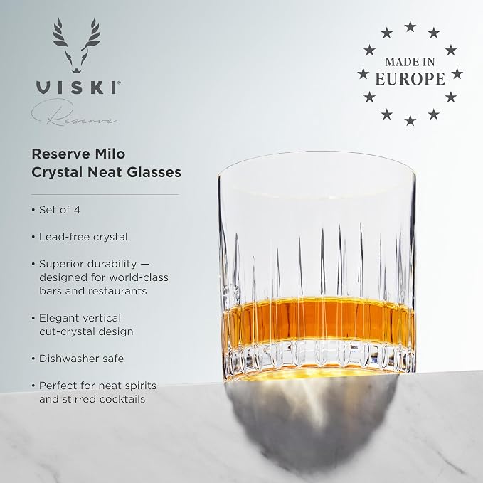 Viski Reserve Milo 10.5 oz Clear Crystal Whiskey Glasses Set of 4, Italian-Made Glassware for Vodka, Bourbon, Manhattan, Housewarming Gifts for Men, Wedding & Birthday Gifts, Home Bar Accessories