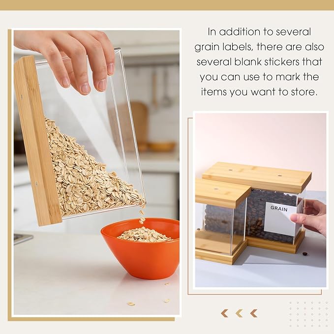 2 Pcs 2L Bamboo Food Dispenser Kitchen Organizers and Storage with Labels Airtight Pantry Organizers and Storage Container with Measuring Cups for Cereal, Rice, Flour, Sugar, Snack