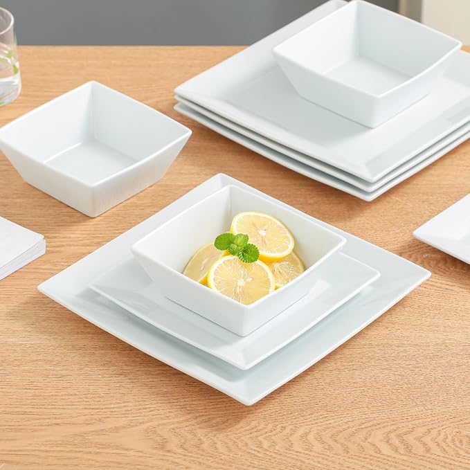 DOMINI 12-Piece Ceramic Kitchen Dinnerware Set, Service for 4, Porcelain Dishes Dinner Set, Square Dinnerware Sets with Dinner Plates, Dessert Plates and Pasta Bowls,Square-White