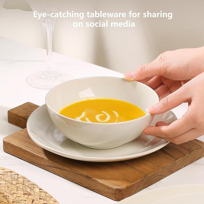 Ceramic Dinnerware 12 Pieces glazed cream white Dinner Set,Plates Pasta Bowls Cereal Bowls Reactive Change Glaze Dish Sets, Modern Stoneware Dishe (glazed cream white)
