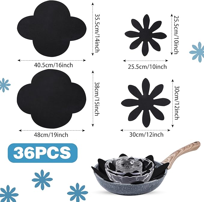 Queekay 36 Pcs Felt Pot Pan Protectors Dish Dividers Separators Bakeware Cookware Scratch Protectors Different Sizes, Thicker Pan Pads for Stacking Cookware Organizing Protecting(Black)