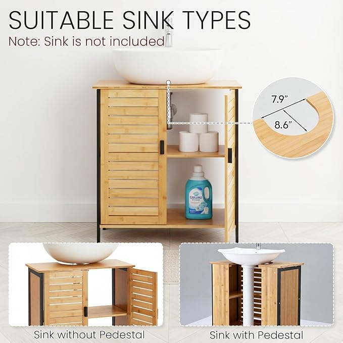 24" Bamboo Pedestal Under Sink Storage Vanity Cabinet, Solid Waterproof Sliding Door Bathroom Organizer with Adjustable Shelf, Modern Bathroom Furniture(Top Cutout, Not for Floor Drain)
