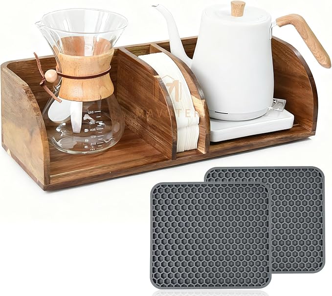 Acacia Coffee Bar Station Organizer Stand, Wooden Pour Over Maker Caddy Storage Organizers, Coffee Filter Holder for Countertop with Heatproof Mat (9.4*7*5.1 inch) Glass Coffee Maker not included