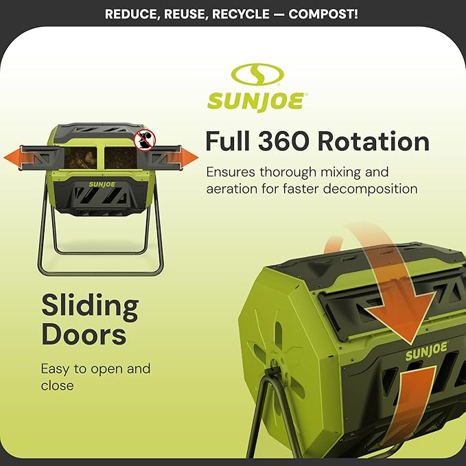 Sun Joe Outdoor Tumbling Composter Bin with 360° Dual Chamber, 2-10 Weeks Compost, 42 Gal - Rotating Composting Tumbler for Home Waste Management and Solution, SJ-CMPS1