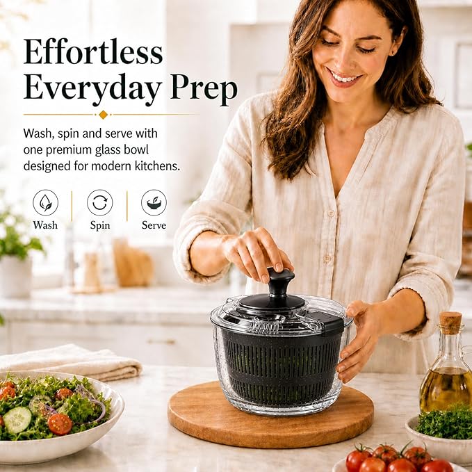Good Girps 3.2 Qt Glass Salad Spinner Small Vegetable Dryer with Drain Microwave Safe Dishwasher Safe with Transparent Lid Crank Handle Quick Spin Greens Washer for Lettuce Herbs Fruits